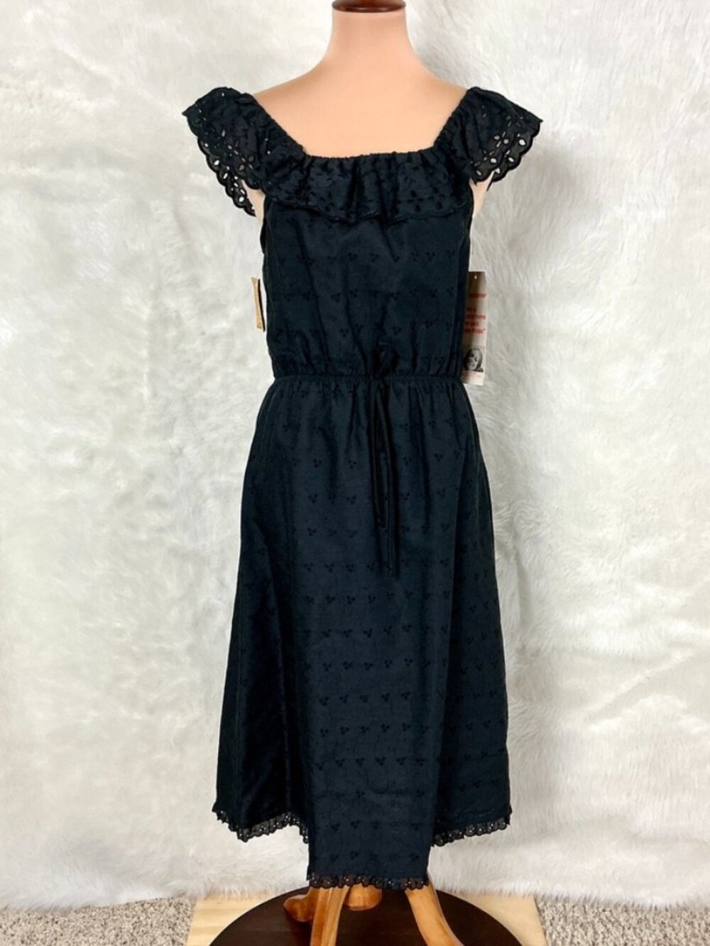 Vintage 70s Black Eyelet Lace Midi Dress Deadstock Donnkenny S/M